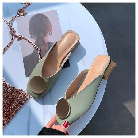 

2021 Brand Designer Women Slippers Slip On Mules Flat Heel Casual Shoes British Buckle Slides Wooden Block Heels Summer Footwear