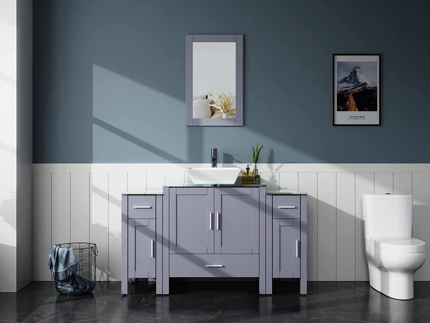 Goodyo 54" Gray Bathroom Vanity and Sink Combo MDF Wood Glass Top