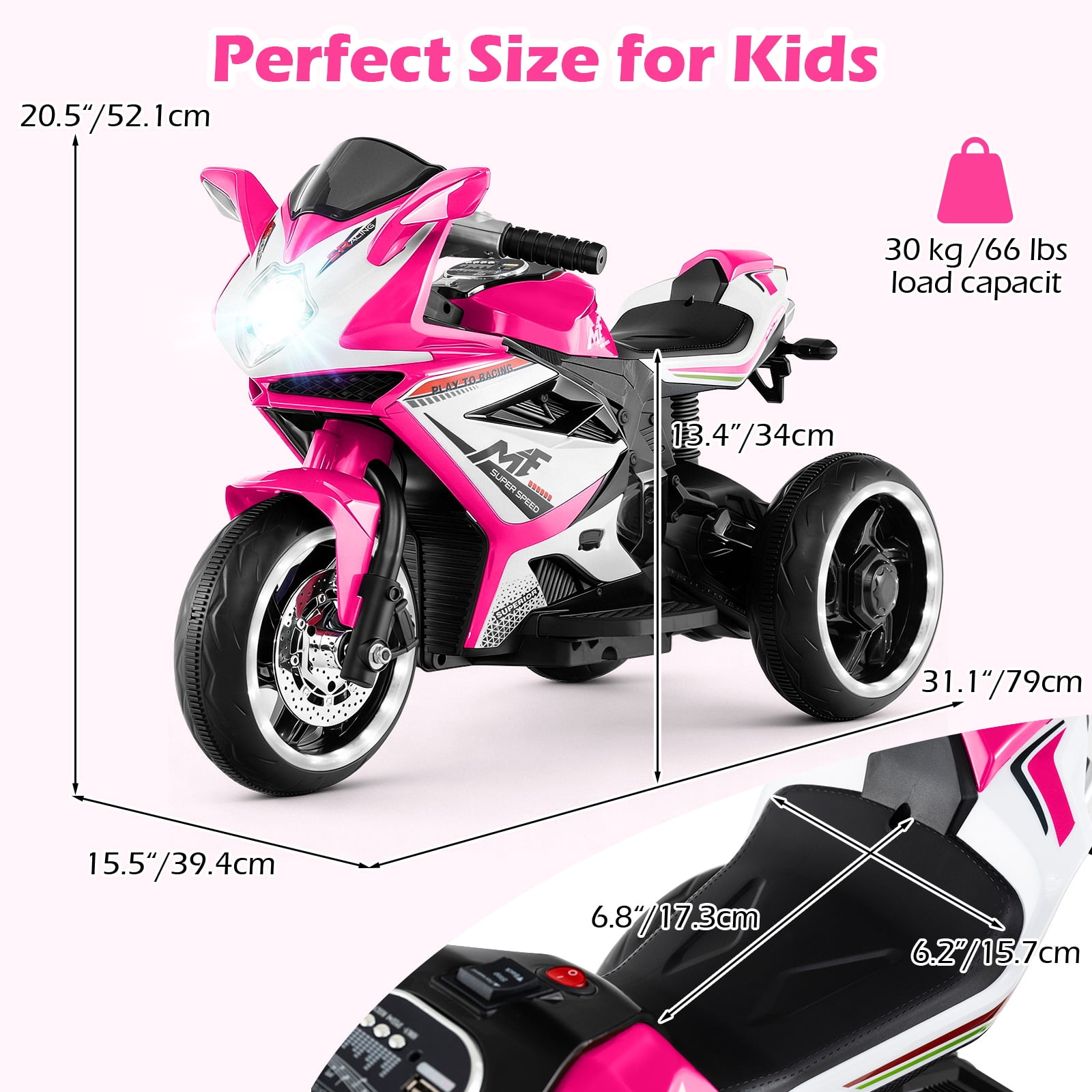 OLAKIDS 6V Kids Motorcycle with Forward & Reverse Switch, Headlight, Wheel Lights, Horn, Music, USB Port, 3-Wheel Ride on Toy for Toddler Aged 3+