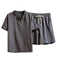 thumbnail image 4 of Cagogo Men's 2 Piece Outfits V Neck Short Sleeve T Shirt Elastic Waist Shorts Summer Casual Lounge Matching Sets Solid Basic Tracksuit Travel, Gray 3XL, 4 of 5