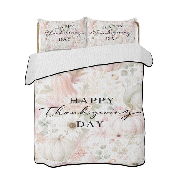 Happy Thanksgiving Day Quilts Bedding Set Full Size Rustic Minimalist Pink Green Pumpkin Leaf Lightweight Quilted Bedspread 3 Piece Bed Quilt with 2 Pillow Shams All Season for Bedroom 68" x 98"