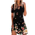 thumbnail image 4 of Pompotops Robe Courte Unie Ample à Manches Courtes en Coton et Lin à Col Rond pour Femme, 4 of 6