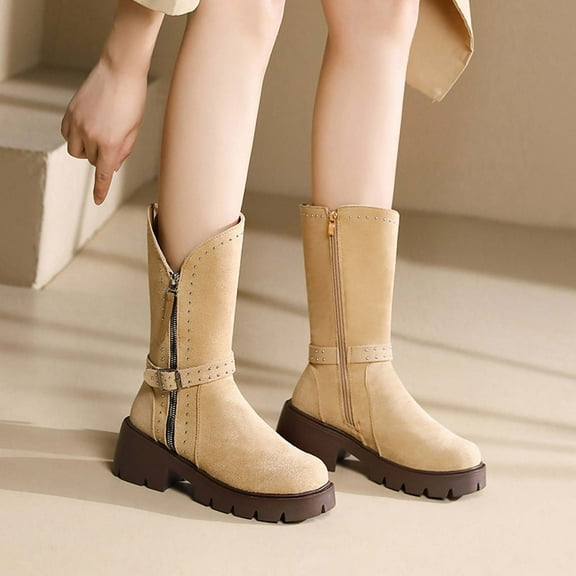 Wavsuf Cowgirl Boots for Women Wide Calf with Zipper with Fuzz Mid Calf Winter with High Heel Flock Khaki Shoes Size 39