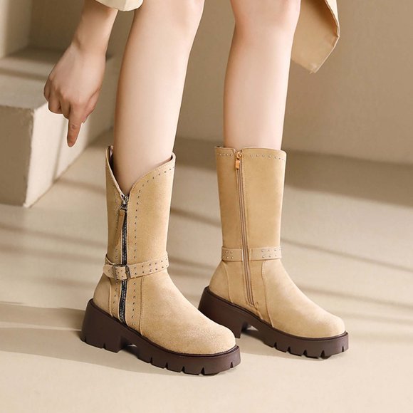 EGNMCR Winter Boots for Women Women's High-Heels Round-Toe Boots Metal Leather Belt Buckle Side Zipper Boots