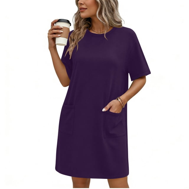 TaTaai Women's Solid Color Round Neck Short Sleeve Dress with Pockets Casual Fashion Comfortable Stretchy Fabric Midi Dress Soft Breathable for Spring Summer Daily Casual Wear Gift