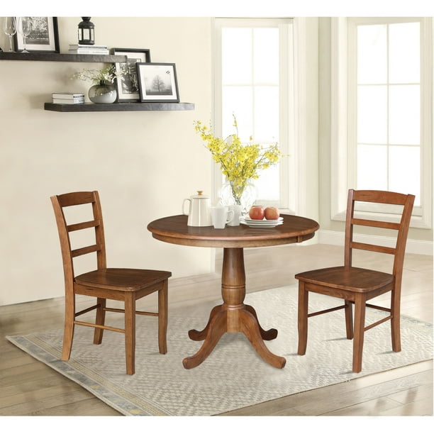 International Concepts 36 Round Extension Dining Table With Leaf And 2 Madrid Ladder Back Chairs 3 Piece Set Com Piece Dining Set, 36 Round Kitchen Table With Leaf