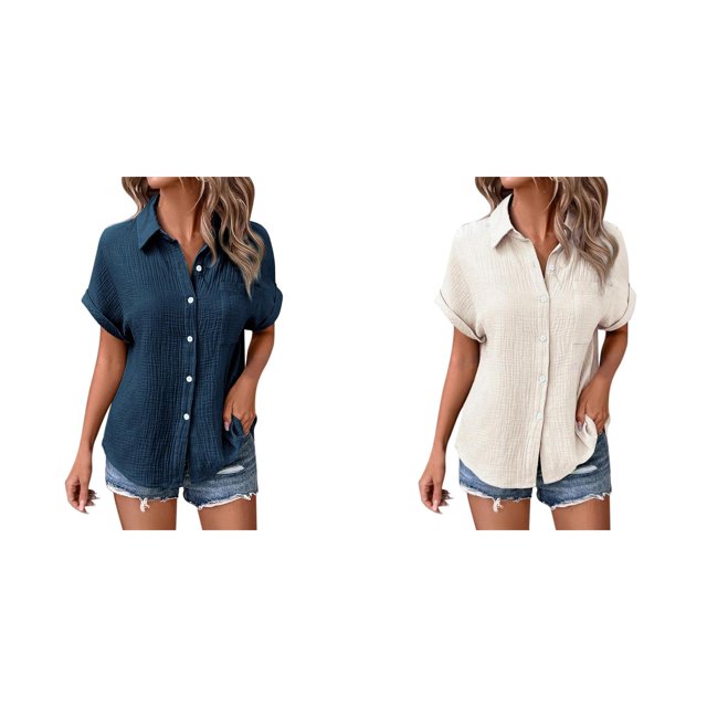 (2-Pack) Rinsvye Womens Solid Color Casual Batwing Sleeve Button Down Blouse Ladies Tops Casual Shirt Versatile Wardrobe