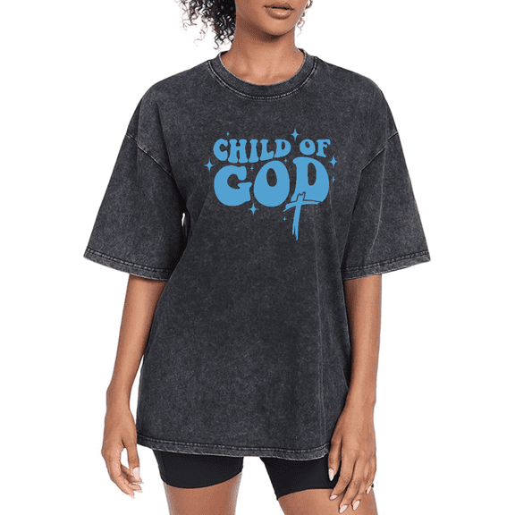 Black Washed Cotton Print Tshirt Graphic Tees Shirts Womens S-2XL Blue Cross Star Christian Quote Tops