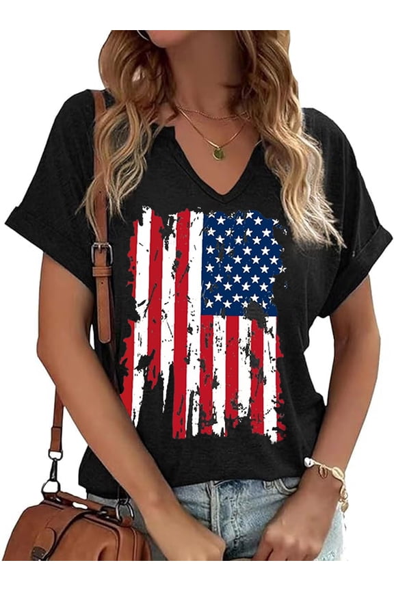 American Flag Shirts for Women Fourth of July T-Shirts USA Flag Shirt Patriotic Graphic V-Neck Tee Tops(L,8 Black)