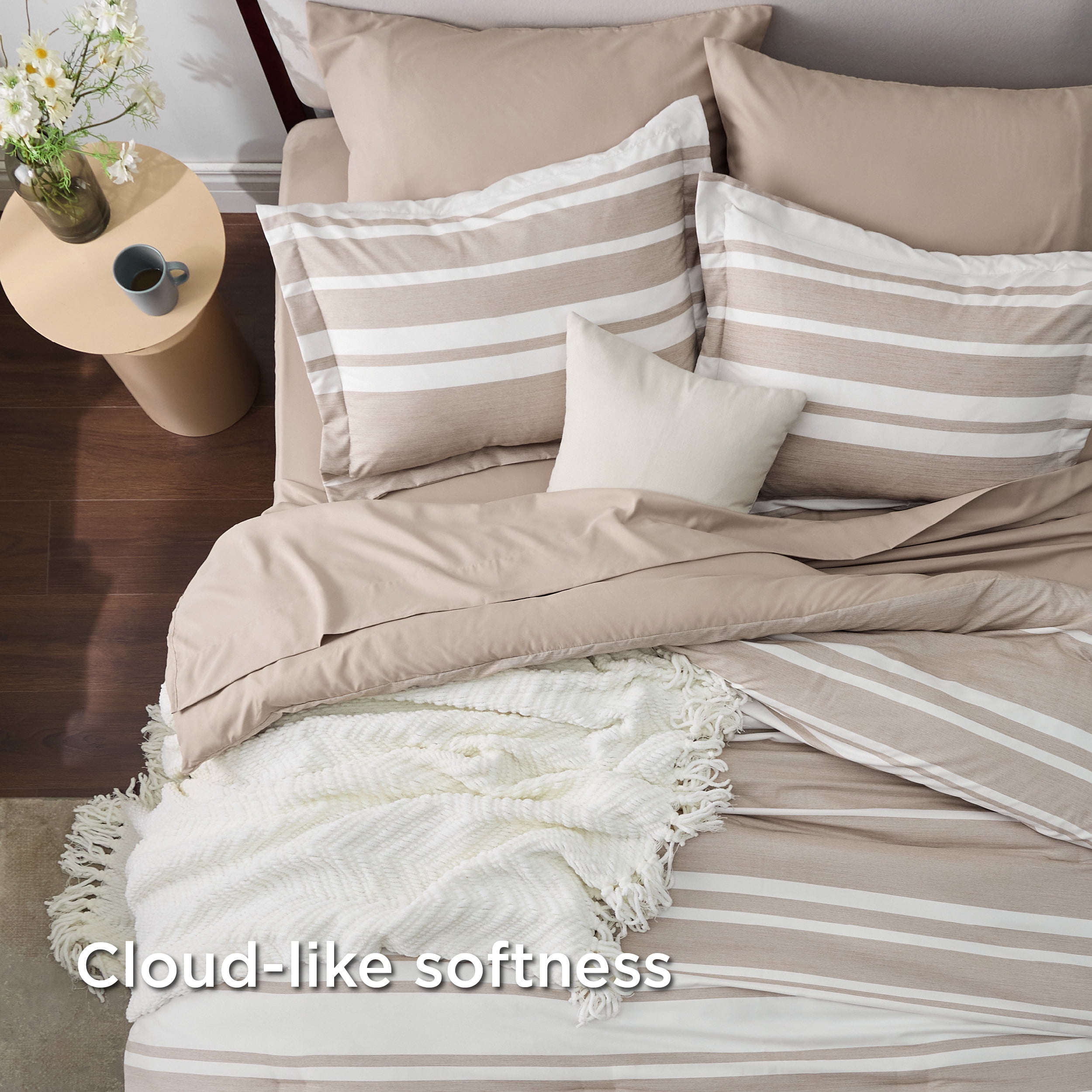 U by Bedsure Full Comforter Set, 7 Pieces Brown White Striped Bedding Sets All Season, Bed in a Bag with Comforter, Sheets, Pillowcases & Shams