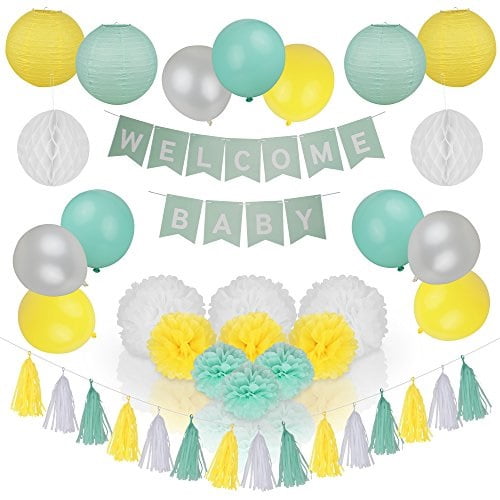 Gray and White Gender Neutral Supplies Boy or Yellow Details about   Baby Shower Decorations