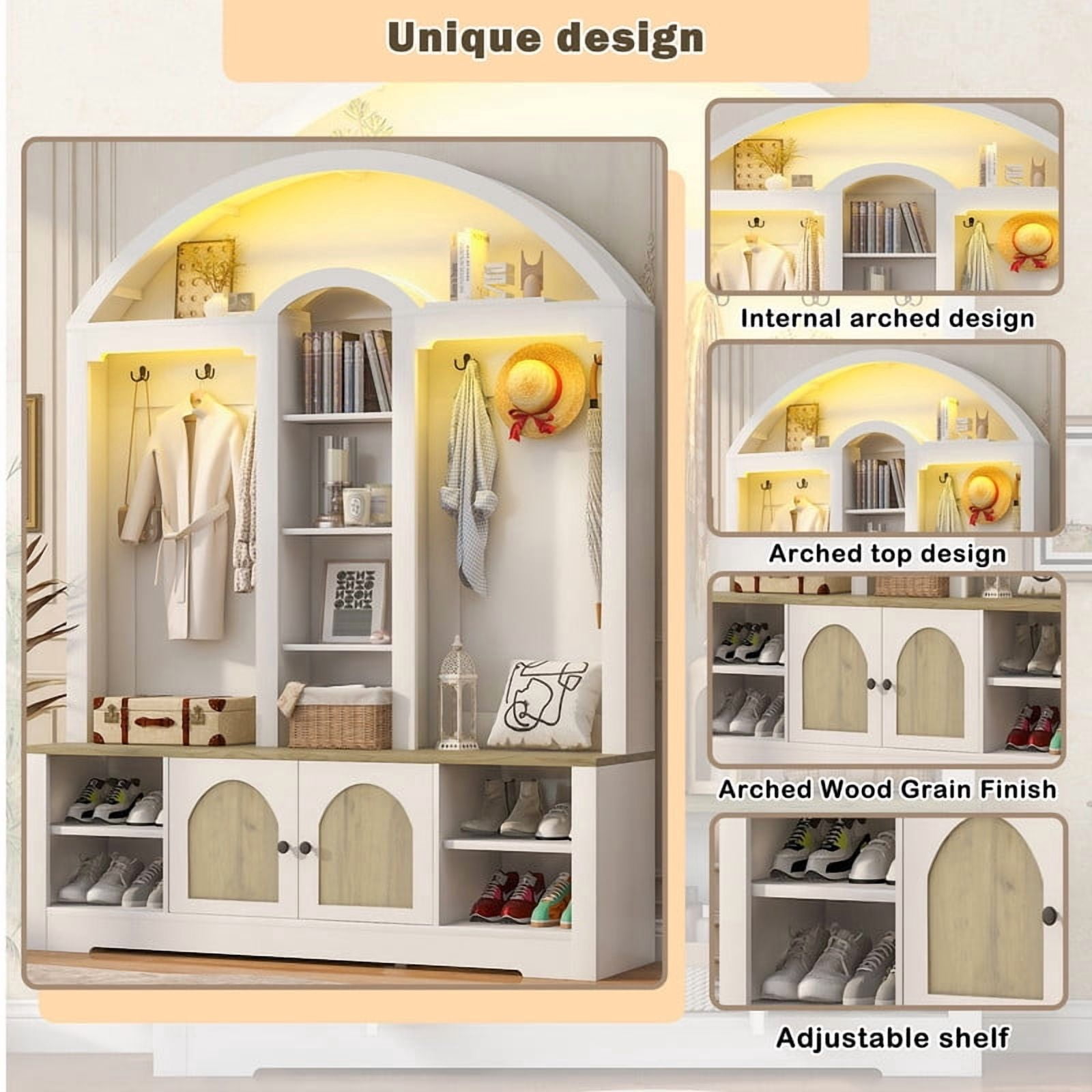 Farmhouse Hall Tree with APP Controlled LED Lights, Mudroom Bench with Shoe Cubbies and Cabinet, Entryway Coat Rack with 6 Hooks for Living Room, Hallway