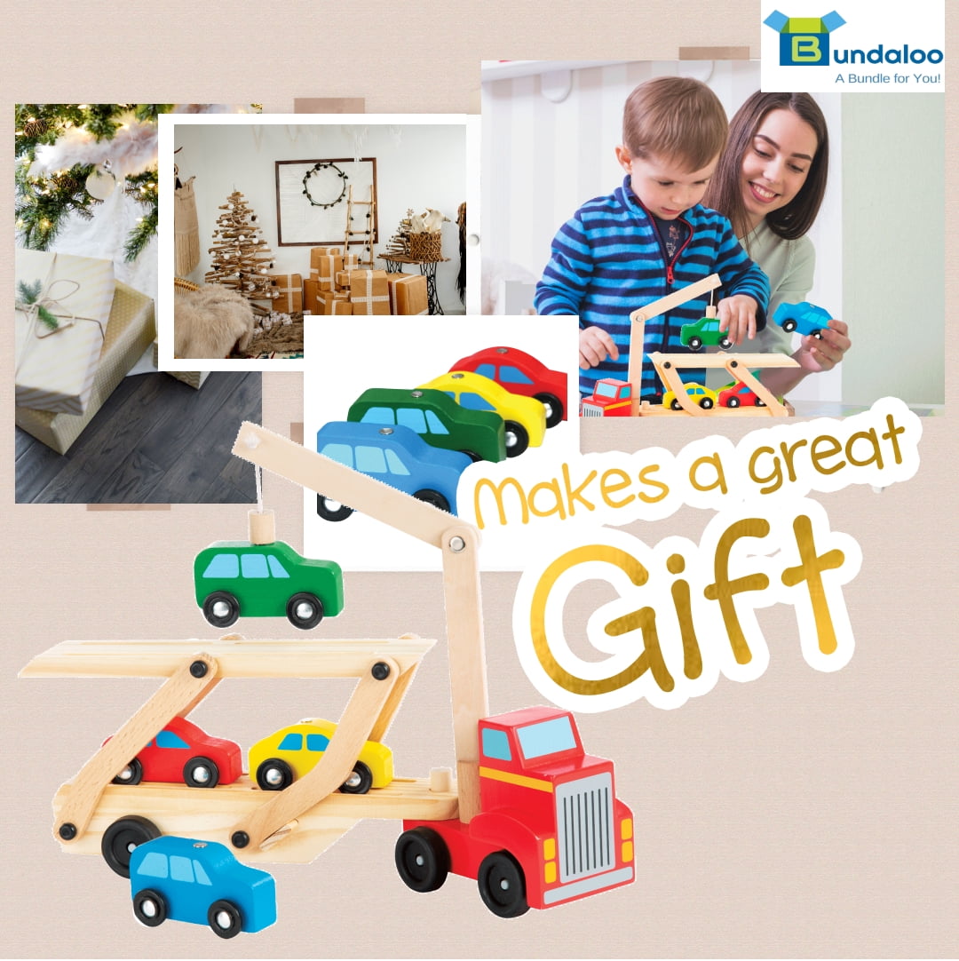 Bundaloo Magnetic Car Loader Truck with Lift - Wooden Carrier Vehicle Toy for Kids 3 and Up - Magnetic Crane and Cars, Removable Trailer - Educational Set for Learning Color, Imagination and Sorting