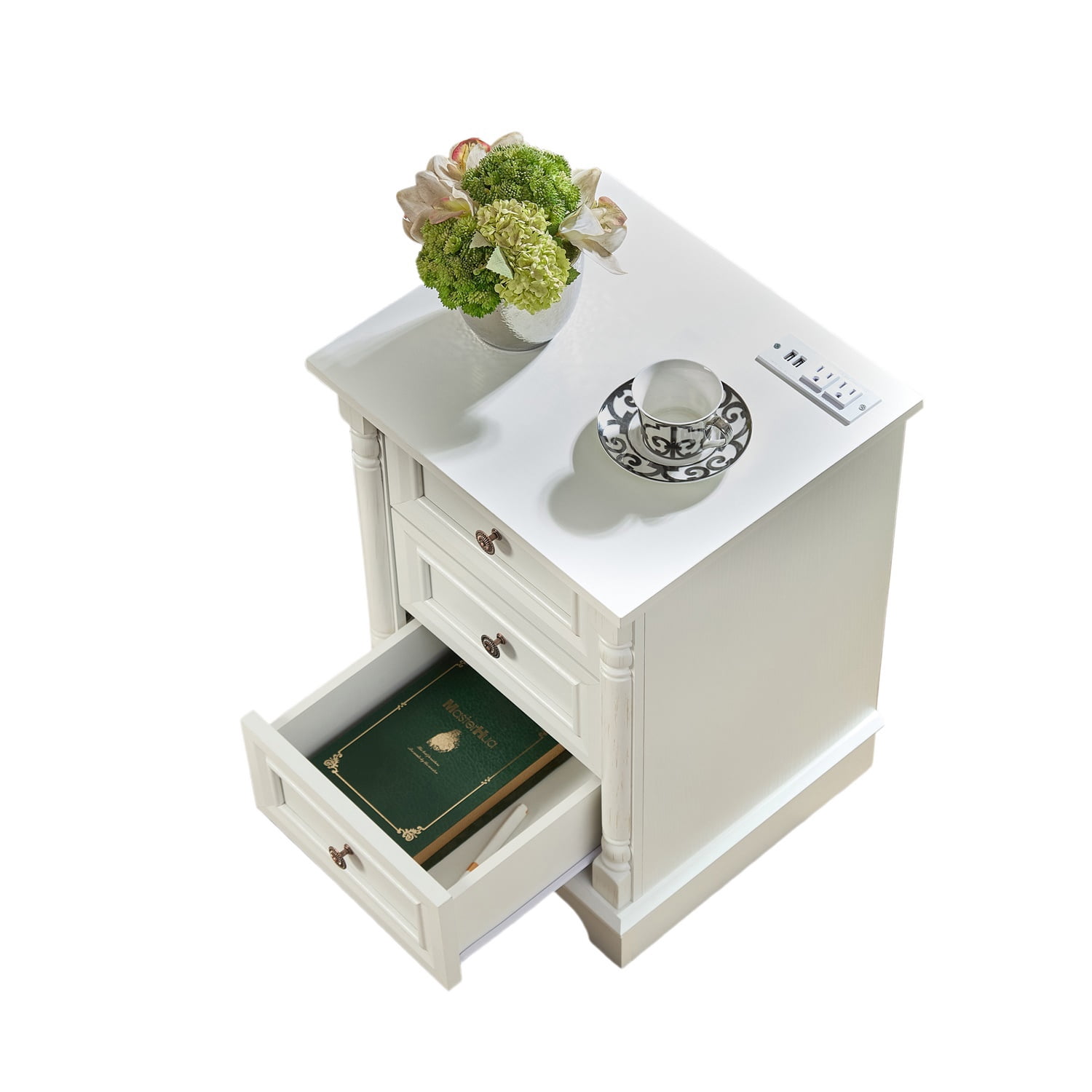 Hommoo Farmhouse Style 3-Drawer Side Table with Storage, Charging Pedestal & Roman Posts Decoration, Rustic Wood Square Nightstand Chest of Drawers for Living Room, Bedroom, Office, White