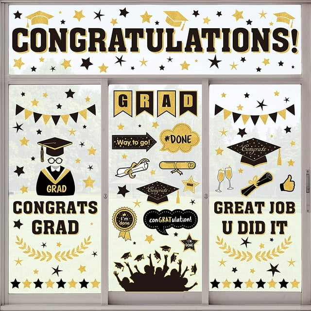 193pcs Graduation Window Sticker Clings Removable Grad Window Decorations Cap Diploma Window Decals Grad Congratulations Party Decor Supplies for School Home Office, 8 Sheets, Gold Black