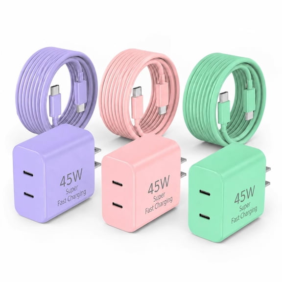 3 Pack 45W Dual Port USB C Charger Block with 10FT Type C Cable, Fast Charging Wall Adapter for Samsung Galaxy S25 Ultra S24 Ultra S23 S22, Compatible with iPhone 17 16 15 Series, iPad, Tablet and An
