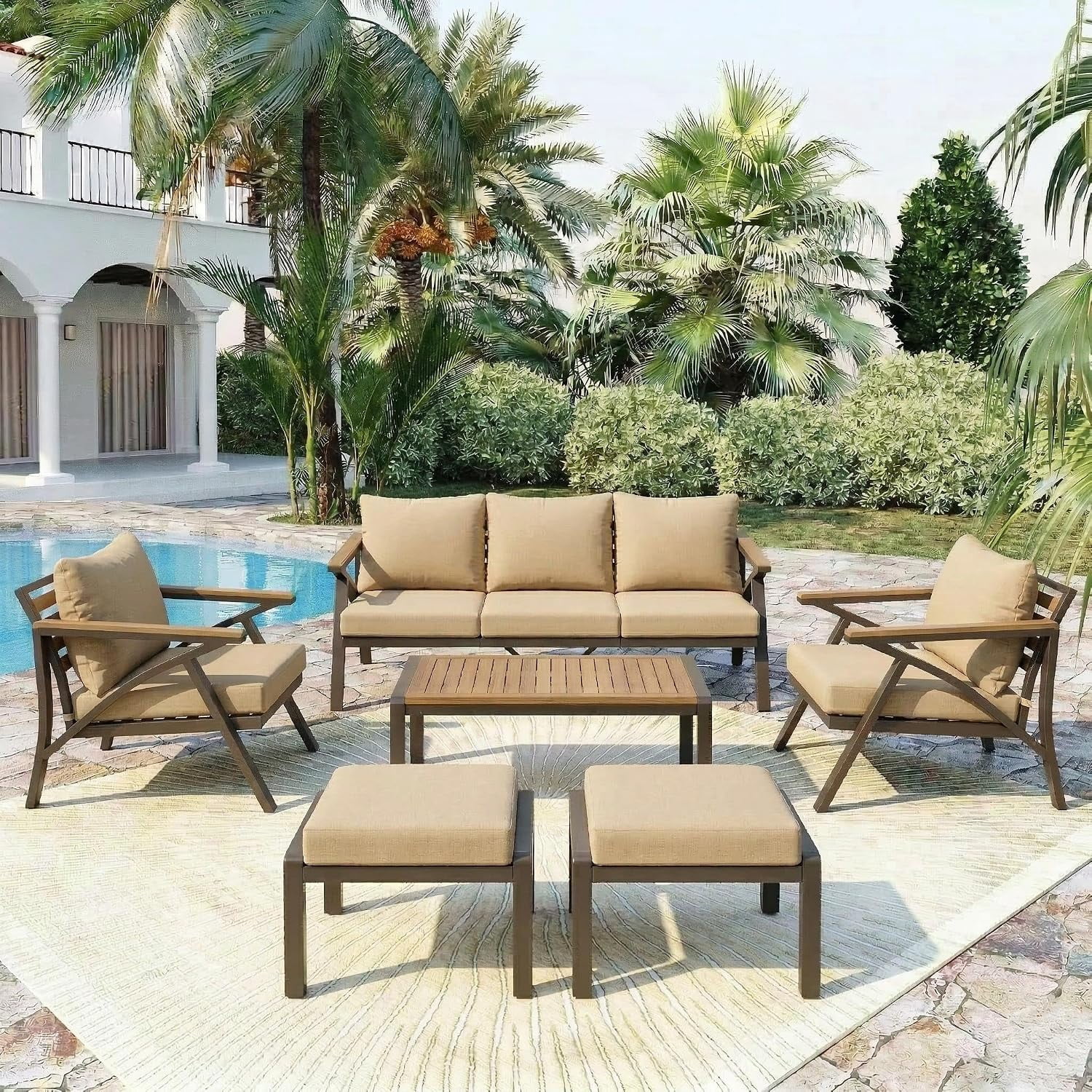 6-Piece Outdoor Patio Seating Set with Ottomans, Steel Frame Sofa & Acacia Wood Coffee Table, Brown Cushions