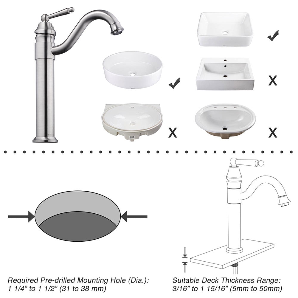 Aquaterior 13-1/2" Tall Bathroom Faucet Vessel Sink Single Handle Brushed Nickel CUPC NSF