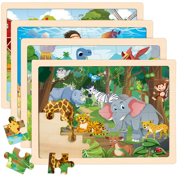 Puzzles Duchong Wooden Animals, 24 piezas, para niños de 2 a 6 años, paquete de 4