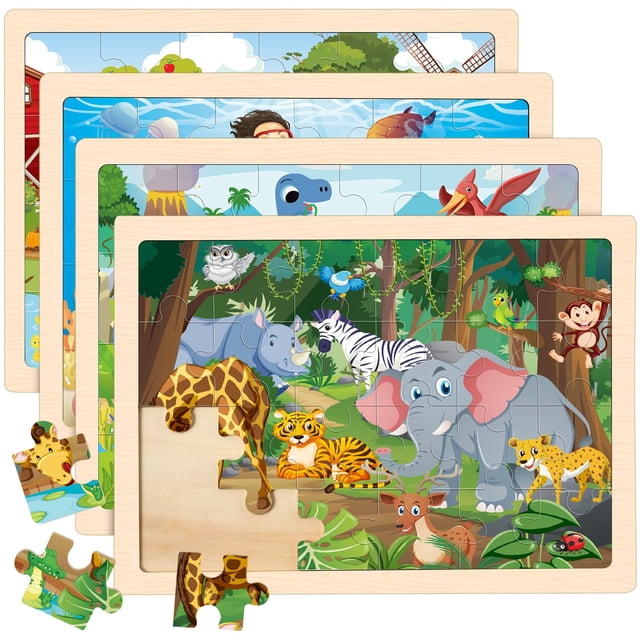 Puzzles Duchong Wooden Animals, 24 piezas, para niños de 2 a 6 años, paquete de 4