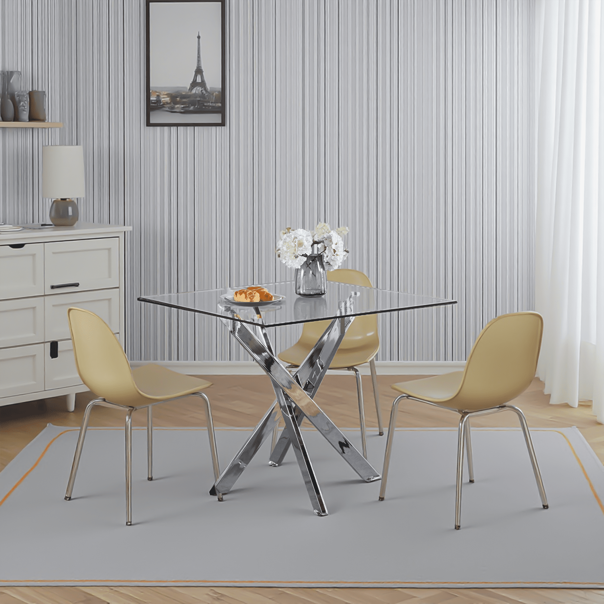 MAYEERTY Modern Golden Dining Table Cross Legs Glass Top Luxurious Living Room