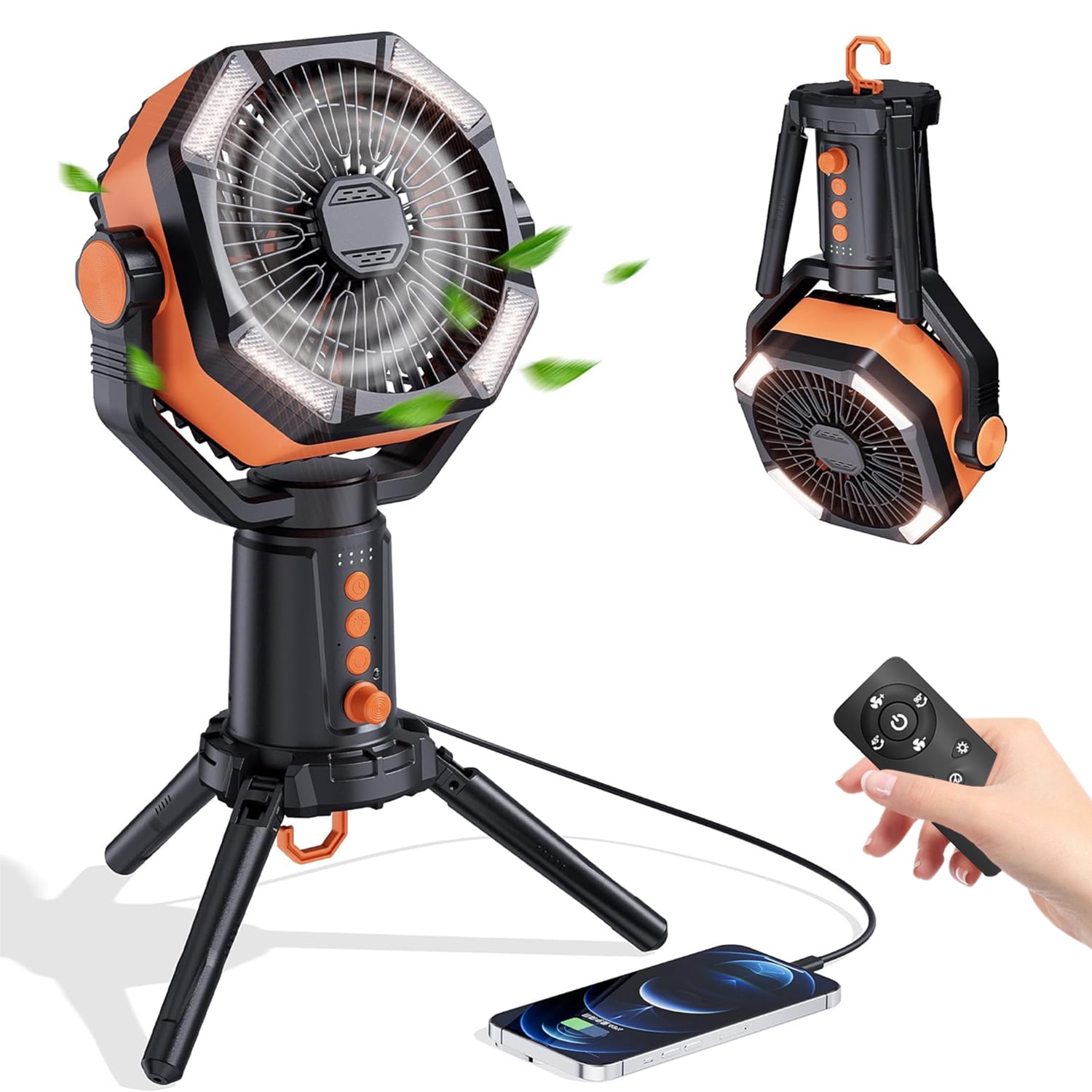 MORIKO 18 8-Speed Foldable Rechargeable Tripod Fan with LED Lantern and Remote Control, Black