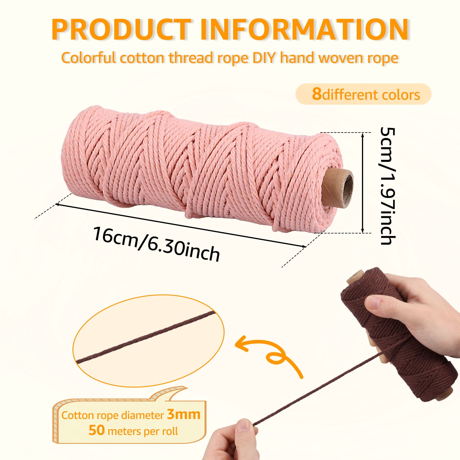 Keyohome 8 Rolls 3mm Colorful Knitting Macrame Cord Wear Resistant Versatile Cotton Twine String for Wall Hanging Plant Hanger Knitting Decorative Project
