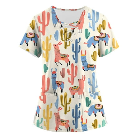 

BIZIZA Scrub Tops Casual Short Sleeve Graphic Scrub tops with Two Pocket Plus Size V Neck Womens Dressy Tops and Blouses for Wedding Pink L