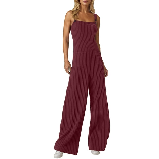 Women Spring Knit Jumpsuits Casual Stretch Tank Tops Jumpsuits with Pocket Wide Leg Long Pants Rompers Loungewear, Wine, M