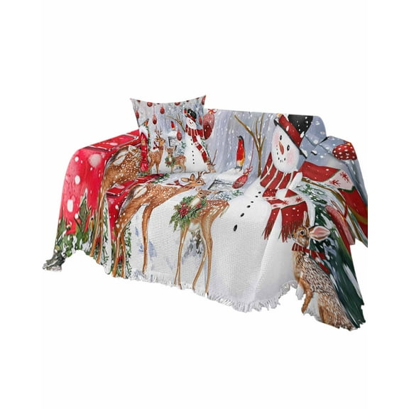 Christmas Sofa Couch Covers for Dogs, Washable Sectional Couch Slipcovers for Loveseat with Tassels, Xmas Snowman Balls Elk Snowflake Non Slip Sofa Throw Cover Blanket L 71''x102''
