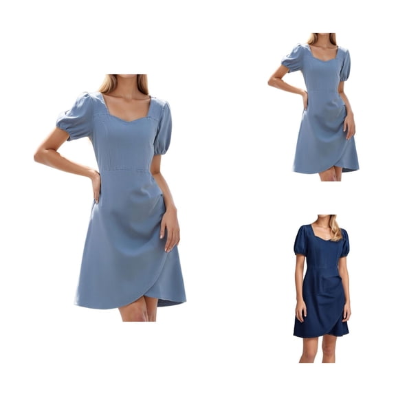 Denim Dress for Women Summer Short Puff Sleeve Sweetheart Neck Zip Back Irregular Hem A Line Mini Jean Dress