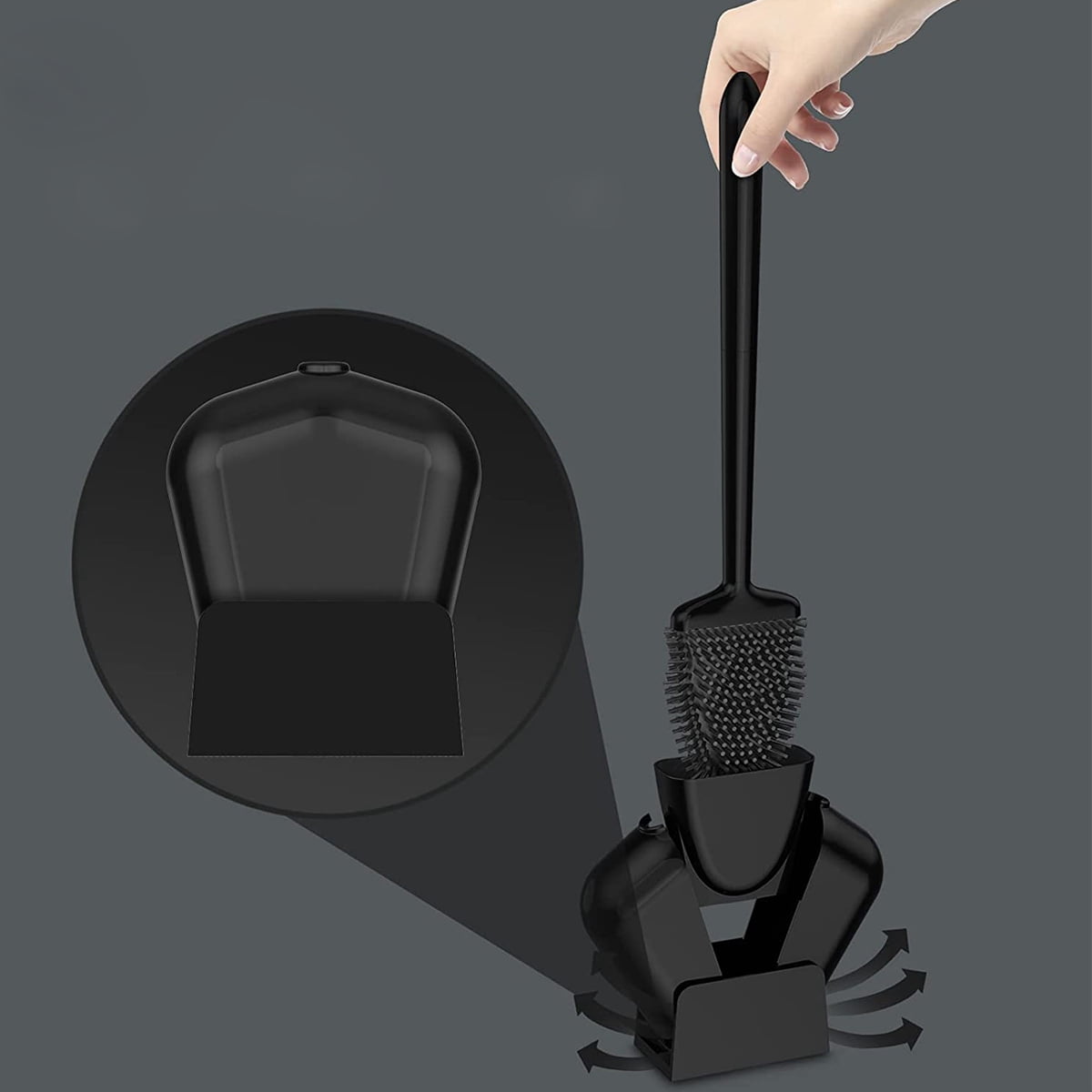 Bathroom Toilet Brush and Holder Set, Toilet Bowl Cleaner Bendable Tongue-shaped Silicone Brush Head Anti Splash Bristles, Self Closing Quick Drying Holder in Black