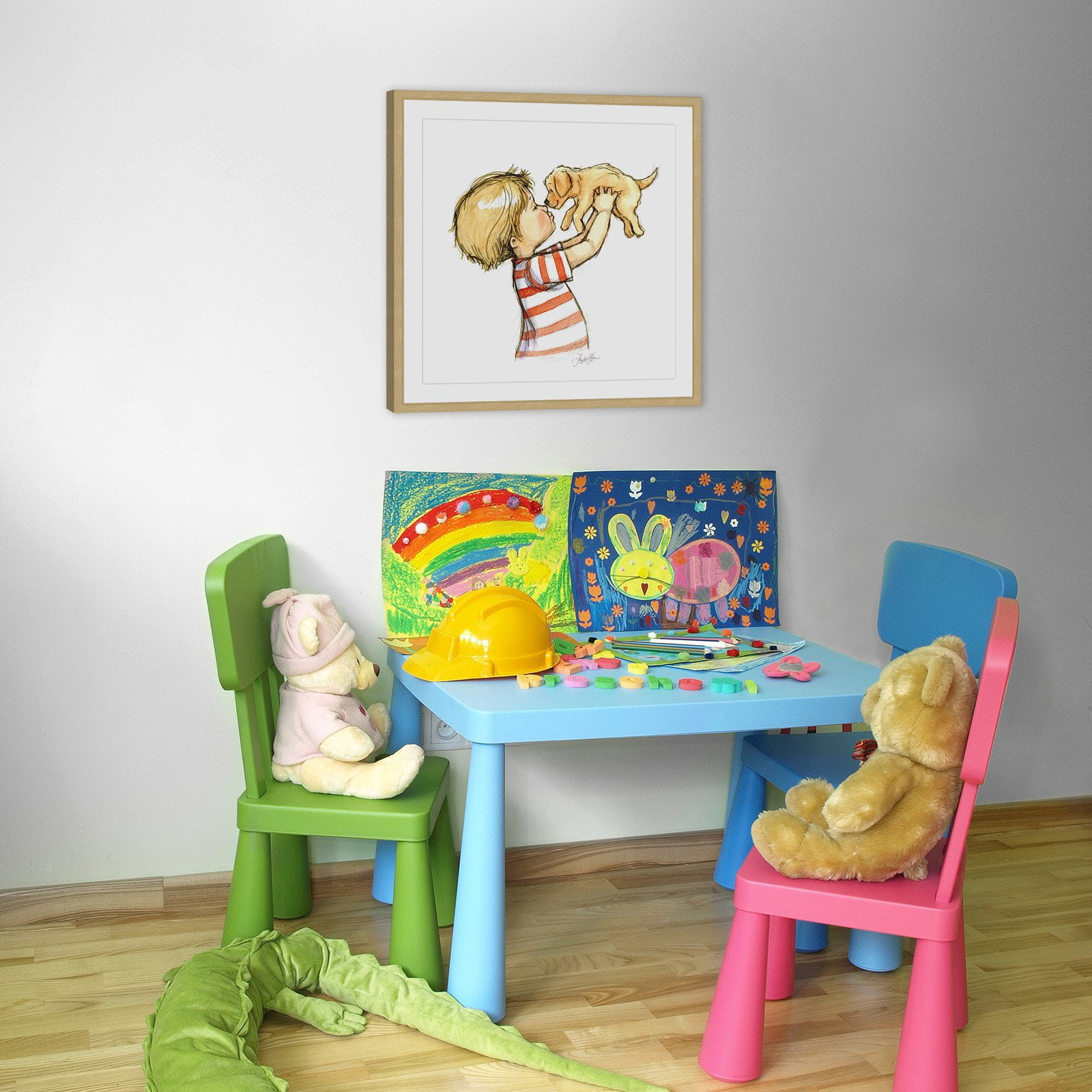 "Puppy Loves Boy" Framed Painting Print