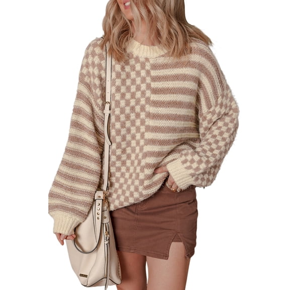 Women's Khaki Stripe Checkerboard Drop Shoulder Balloon Sleeve Sweater - [ZhiHiMeRi] | L