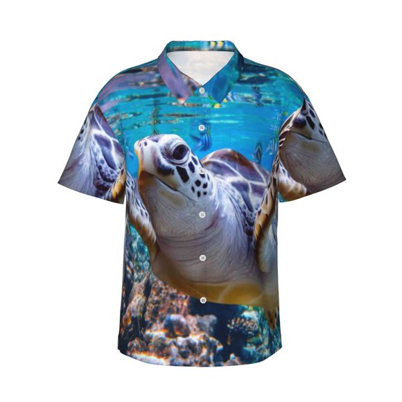 Lsque Sea Turtle Swims Pattern Hawaiian Shirt for Men Unisex Summer Beach Casual Short Sleeve Cotton Linen Button Down Shirts,3X-Large