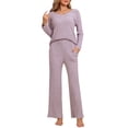 thumbnail image 2 of INSPIRAR CHIC Conjunto de Pijamas de Mujer de Punto Acanalado con Cuello en V y Manga Larga con Pantalones Ropa de Dormir Casual Tallas L Rosa, 2 of 6