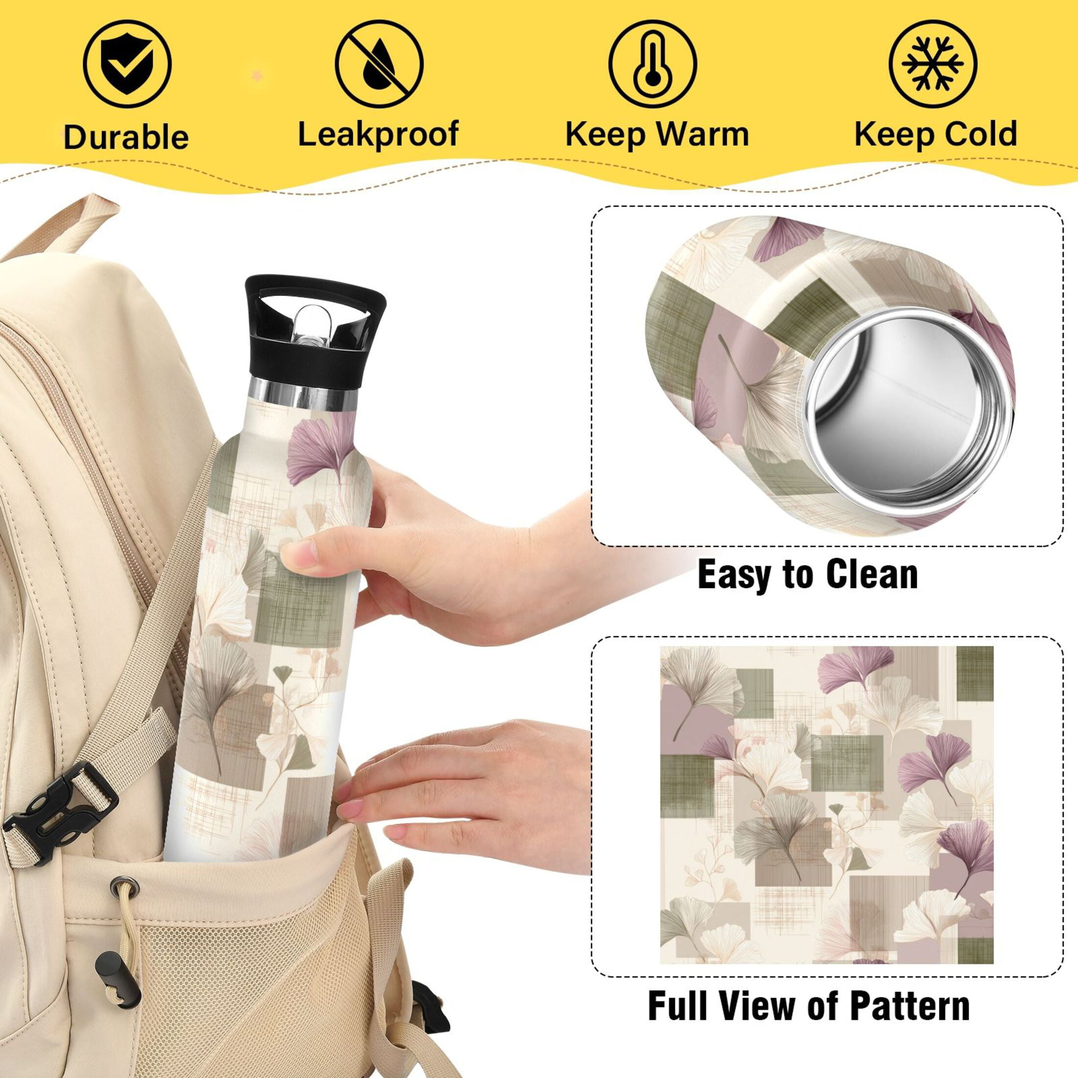 Kids Insulated Stainless Steel Sports Water Bottle 600ml (20oz) Squares and Ginkgo Leaves Pattern