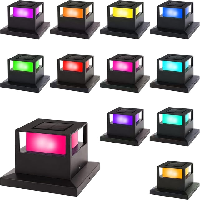 SHIJIU-12 Pack Solar Post Cap Lights, Outdoor RGB Color Changing Fence Post Light Solar Powered Caps for Deck, Patio, Garden Decor, High Brightness SMD LED Lighting, Fits 4x4, 5x5 or 6x6 Wooden Posts