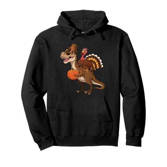 Men's Black Dinosaur & Turkey T-Rex Print Hooded Sweatshirt - Soft Cotton Warm Pullover Hoodie with Kangaroo Pocket, Loose Fit Casual Winter Sweater for Gamers, Thanksgiving Costume Party Outfit Gift