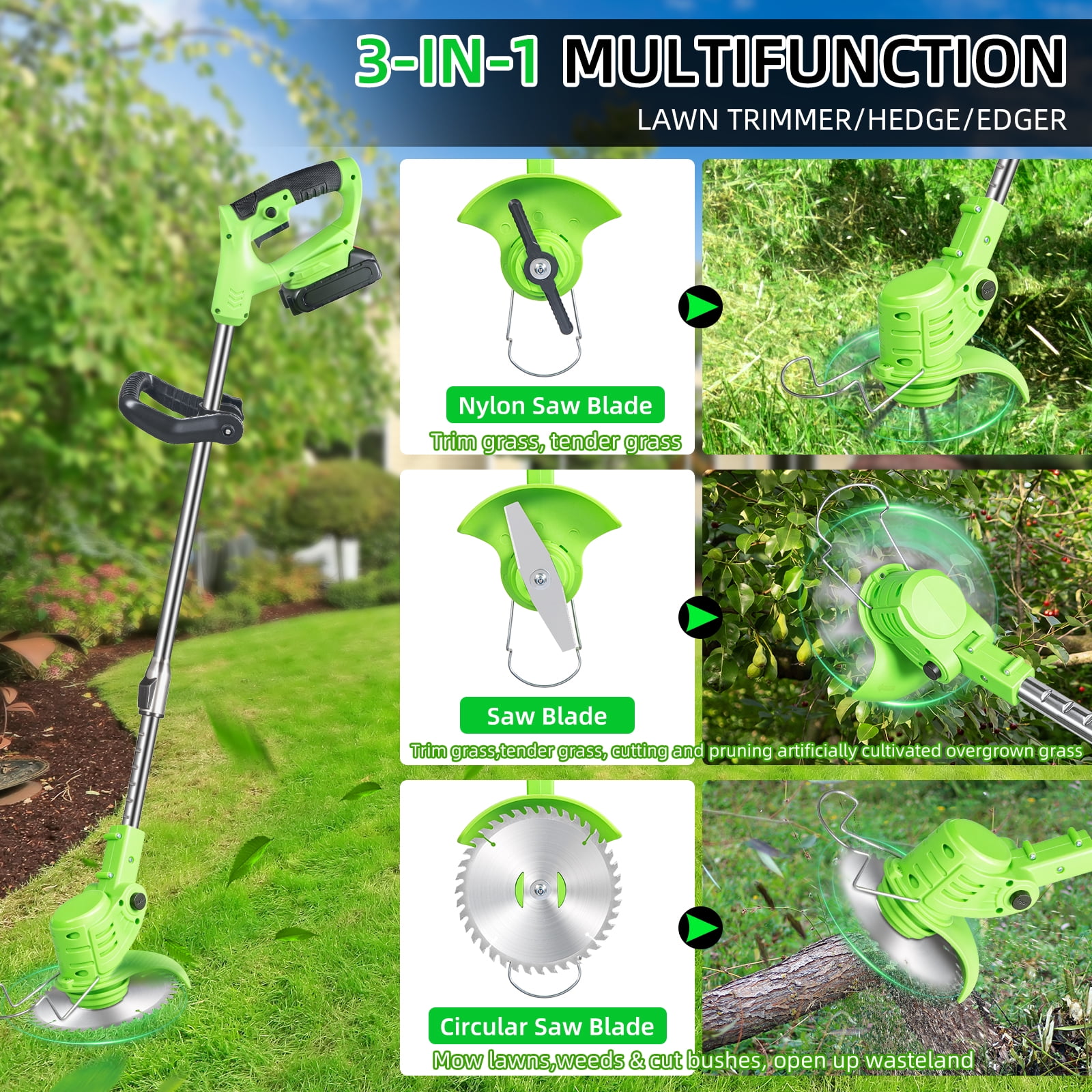 Paddsun Electric Cordless Lawn Trimmer, 21V Weed Wacker with Wheels Grass Edger Tool for Lawn Yard Garden