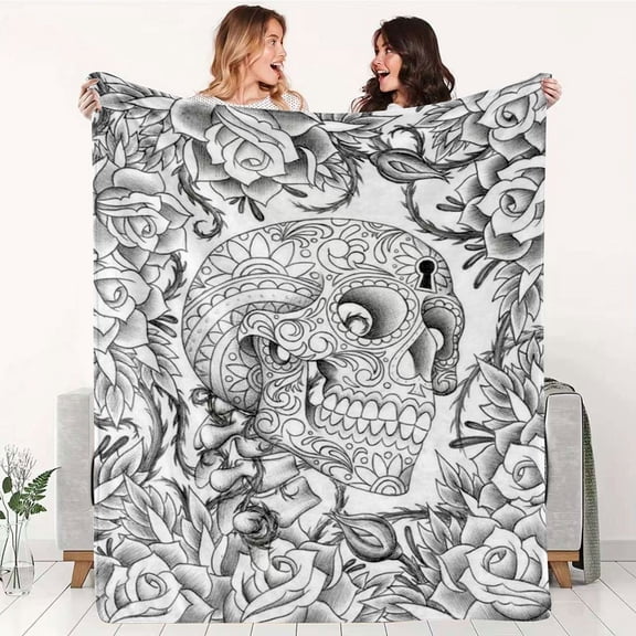 Day of the Dead Themed Flannel Blanket Skull and Rose Pattern Soft Cozy Warm Home Decor Throw Perfect for Bedroom Living Room or Sofa Ideal Gift