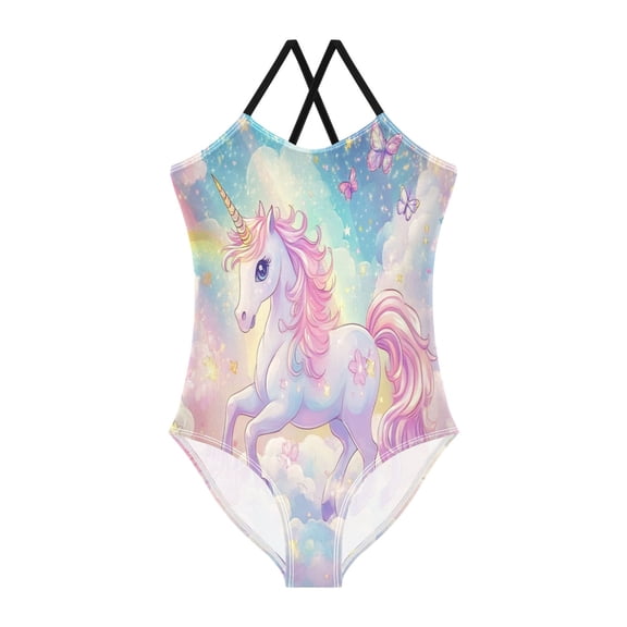 Girls' One-piece Swimsuit Cross Back Bathing Suit Beach Surfing Sizes 3T-10T Rainbow Colors Unicorn