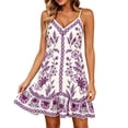 thumbnail image 3 of VBVC Women's Boho Floral Spaghetti Strap V Neck Dress , Ladies' Summer Ruffle Hem Swing Slip Dress , Casual Beach Vacation Mini Dresses For Women,Purple,S-2XL, 3 of 6