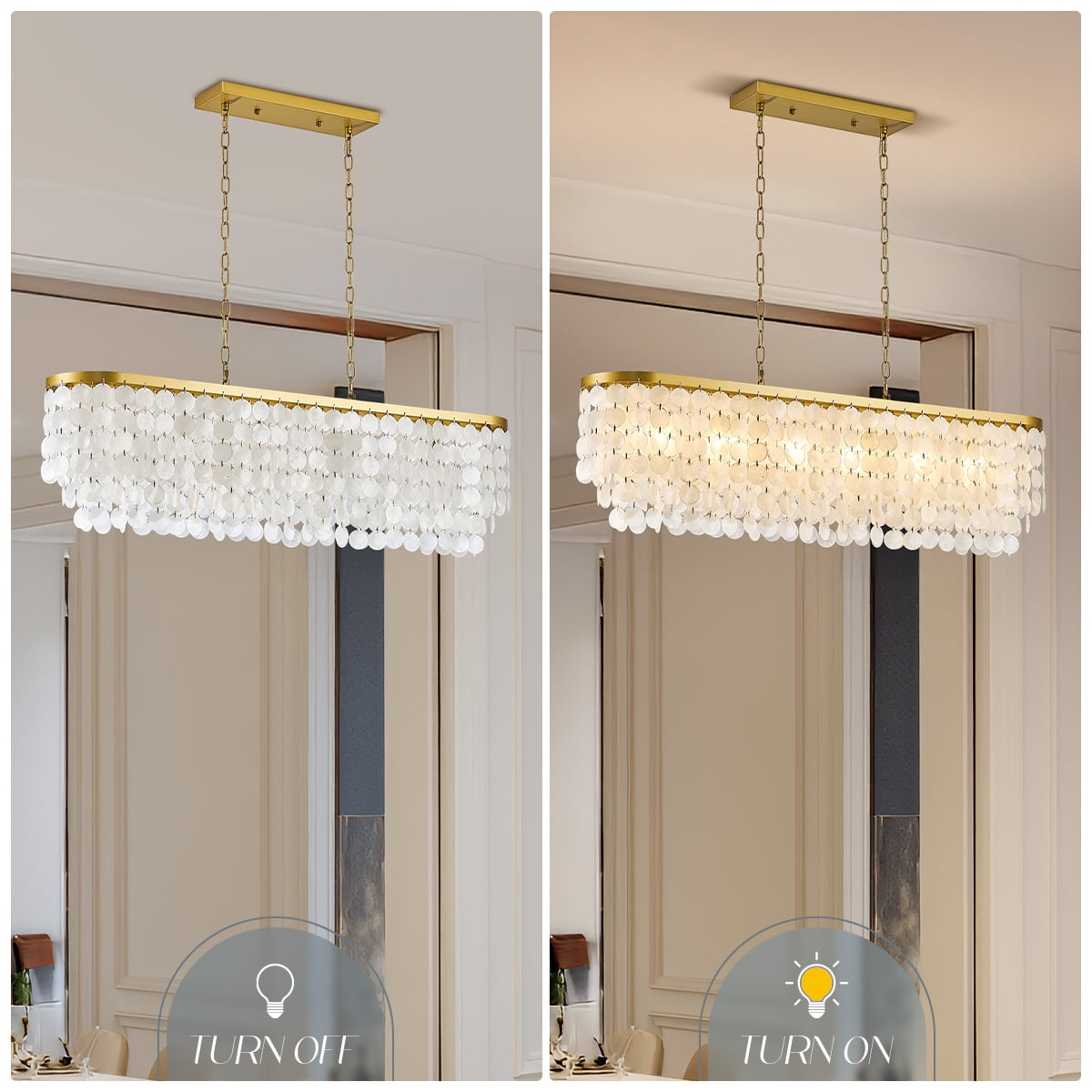 Coastal Chandeliers for Dining Room, Capiz Shell Light Fixture Over Table, 6-Light Height Adjustable Hanging Pendant Light Fixtures for Kitchen Island, Living Room, Bedroom, Bathroom,L42''