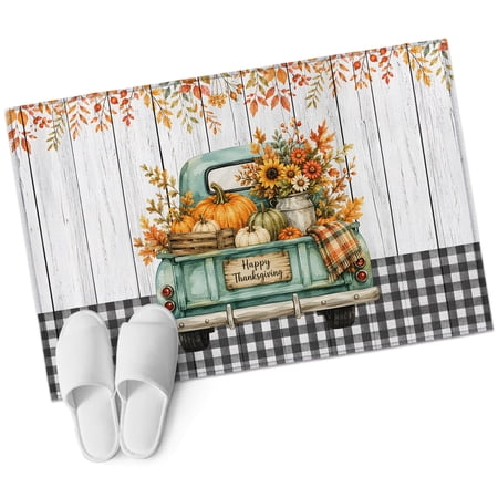 Thanksgiving Bathroom Rug Washable 2x3 Entryway Rug Non Slip Fall Pumpkin Maple Leaf Havest Truck Wood Plaid Front Door Mat Low Pile Indoor Doormat Throw Floor Carpet for Kitchen Bedroom Entrance