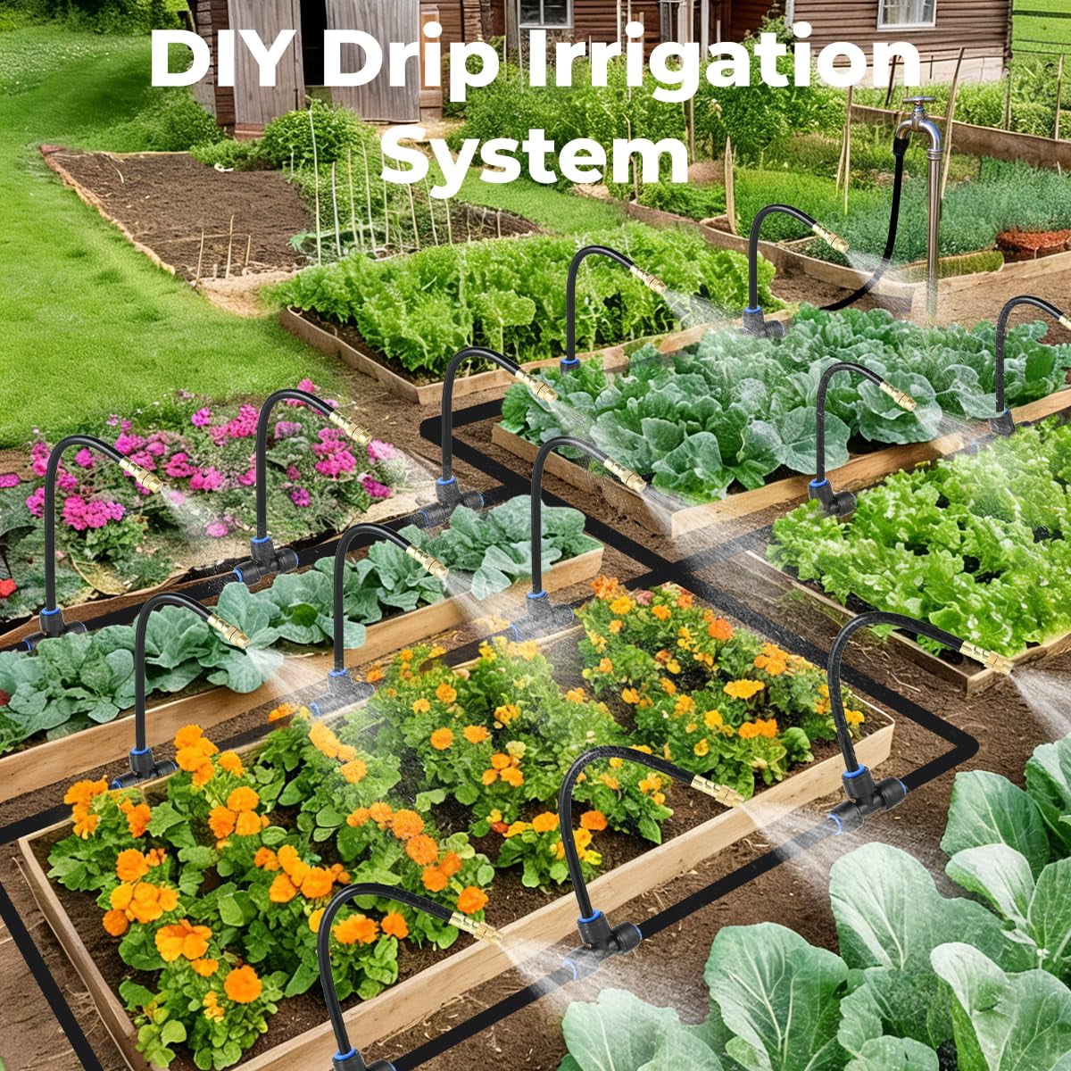 230ft Drip Irrigation System For Garden: 40 Nozzles 1/4" Pe Tubing Automatic Watering Kit Adjustable Misting Sprinkler Mister Hose Water Plants Tape Raised Beds Lawn Outdoor Yard Greenhouse