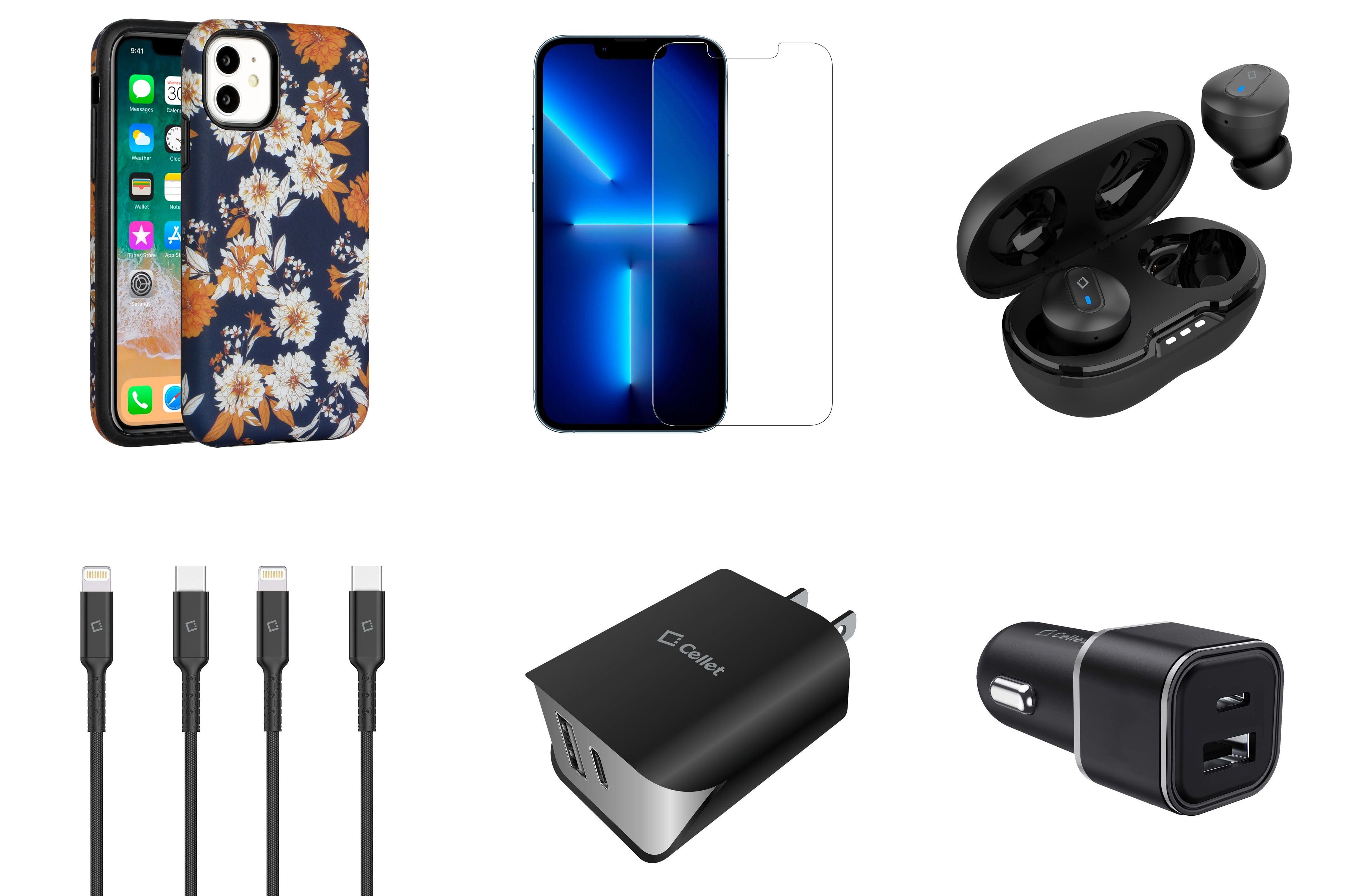 Accessories Bundle Pack for iPhone 14 Pro Max Case Heavy Duty Case (Vintage Orange Flower Blue), Screen Earbuds, Car Charger, UL Dual Wall Charger, Lightning Cables Walmart.com