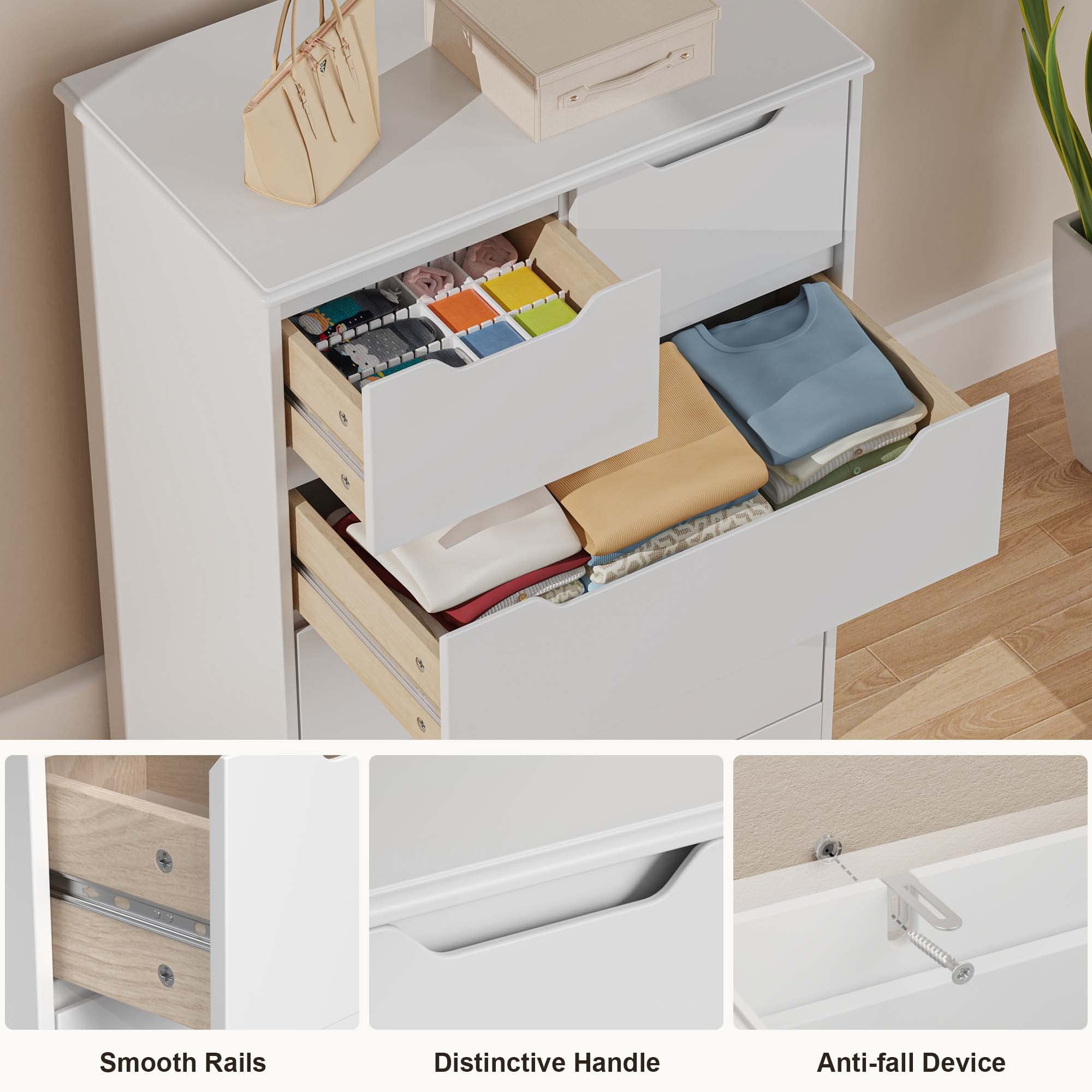 Dresser, Lofka 5 Drawer Dresser for Bedroom with Cutout Handle and Wooden Board, White