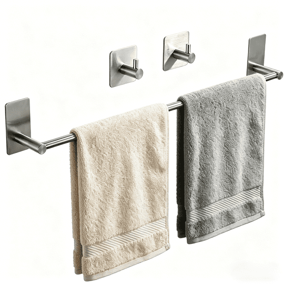 24 inch Stainless Steel Bathroom Towel Bar Set with 2 Heavy-Duty Hooks, Wall Mounted Towel Rack, Rustproof Polished Silver Space-Saving Organizer