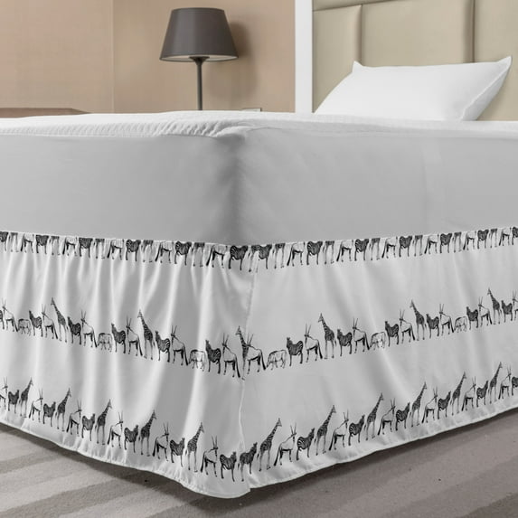 Animal Bed Skirt, Monochrome Style Fauna Line with Zebra Giraffe Antelope Pattern in a Row, Elastic Bedskirt Dust Ruffle Wrap Around for Bedding Decor, 4 Sizes, Charcoal Grey White, by Ambesonne
